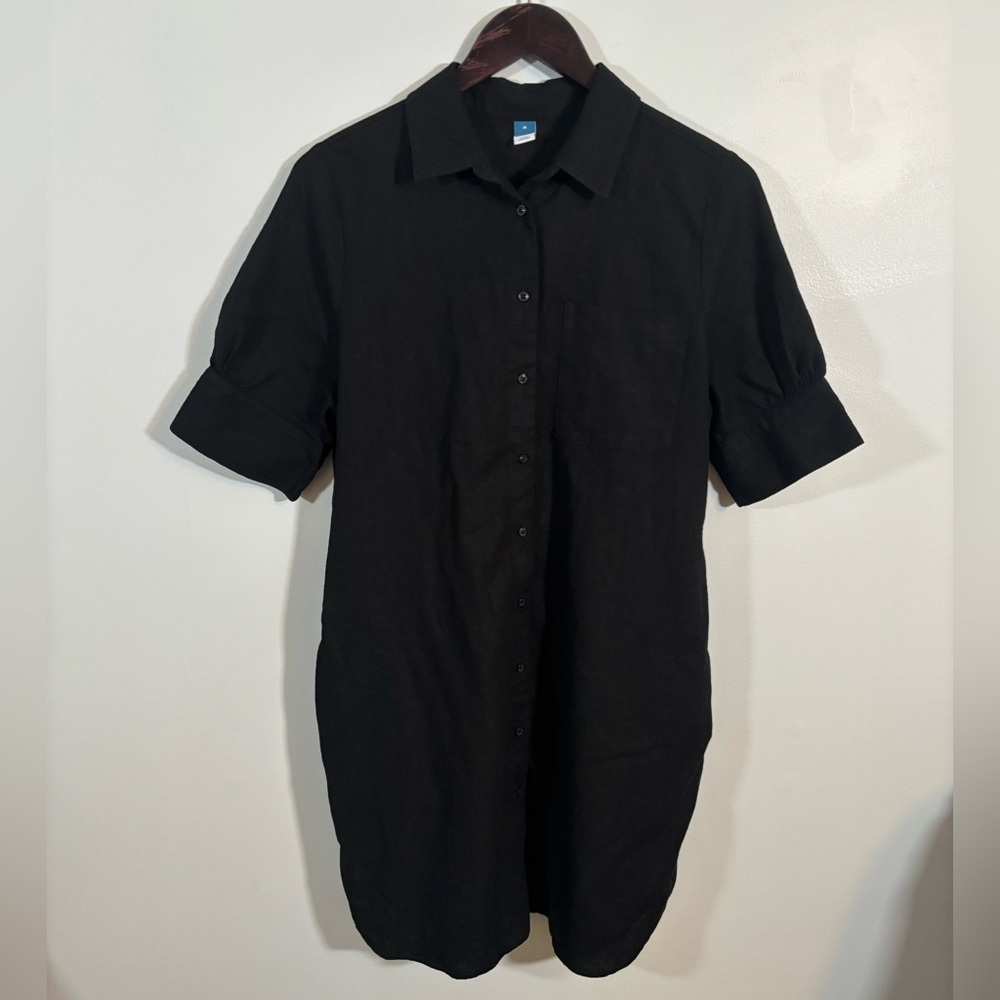 Old Navy Black Linen Button Front Shirt Dress Women’s Medium – 34” Long, Pockets